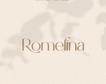 May include: A graphic design for a font called "Romelina" described as a "Subtle Aesthetic Sans Serif Font" by Preslige Artsy Studio.