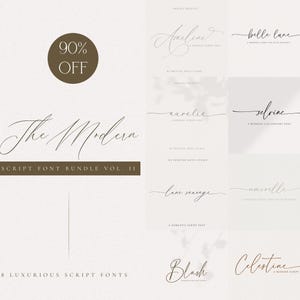 May include: A bundle of eight luxurious script fonts, with a 90% off promotion. The title "The Modern Script Font Bundle Vol. II" is displayed in a stylish font. The image showcases various font styles, including "Ameline" and "Belle Lune."