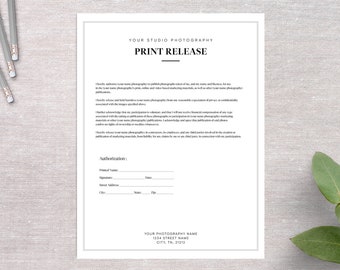 Print Release Form, Print Release Template, Photography Print Release, Photographer Print Release, Photography Business Form