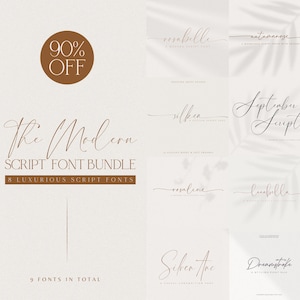 May include: A digital product listing for a bundle of 9 modern script fonts. The image features a white background with a brown rectangle containing the text "The Modern Script Font Bundle" and "8 Luxurious Script Fonts". The image also features 9 different font styles, each with a unique name and description.