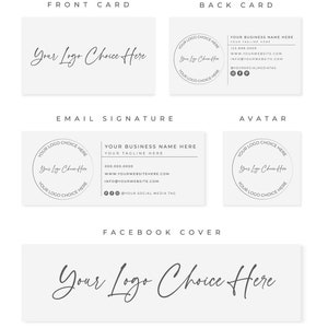 Puede incluir: Un conjunto de plantillas de redes sociales personalizables con un dise&ntilde;o simple y moderno, que incluye un espacio reservado para un logotipo circular y el texto "Your Logo Choice Here". Las plantillas incluyen una tarjeta frontal, una tarjeta posterior, una firma de correo electr&oacute;nico, un avatar y una portada de Facebook.