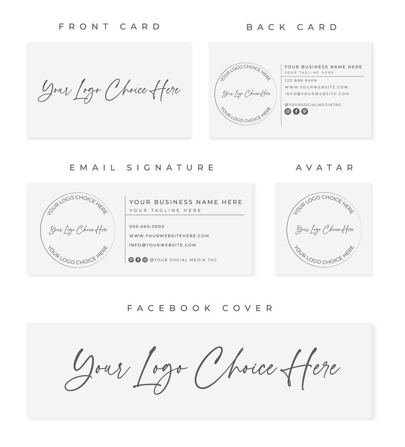 Puede incluir: Un conjunto de plantillas de redes sociales personalizables con un dise&ntilde;o simple y moderno, que incluye un espacio reservado para un logotipo circular y el texto "Your Logo Choice Here". Las plantillas incluyen una tarjeta frontal, una tarjeta posterior, una firma de correo electr&oacute;nico, un avatar y una portada de Facebook.