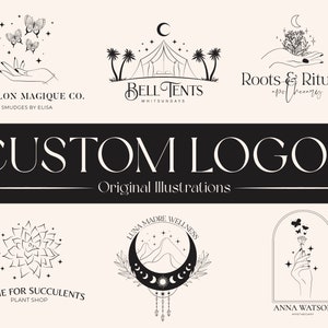 May include: A collection of black and white custom logo designs featuring various illustrations. The logos include a butterfly, a tent, a hand holding flowers, a succulent, a crescent moon, and a hand holding a flower.