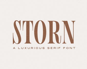 Könnte beinhalten: Eine braune Serifenschrift namens "STORN" mit dem Text "A LUXURIOUS SERIF FONT" darunter.