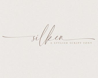 May include: Silken, a stylish script font with 52 elegant right and left swashes. Prestige Artsy Studio.