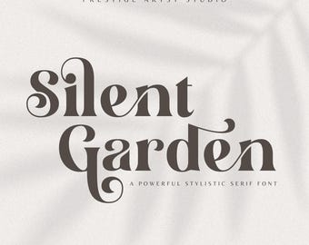 May include: A serif font design with the words "Silent Garden" in a dark brown color. The text "Prestige Artsy Studio" is at the top, and "A Powerful Stylistic Serif Font" is at the bottom. The background is a light beige color.