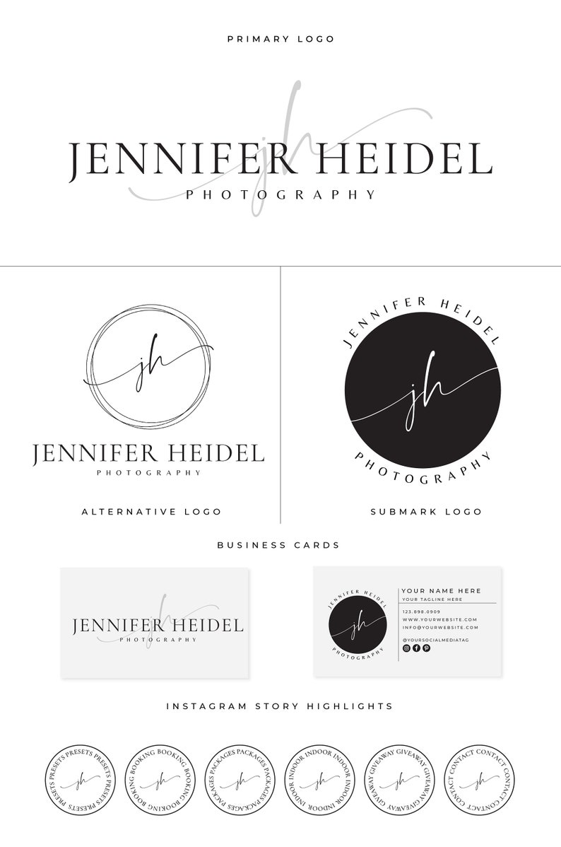 Puede incluir: Un dise&ntilde;o de logotipo en blanco y negro para un negocio de fotograf&iacute;a llamado "Jennifer Heidel Photography". El logotipo presenta un "jh" escrito a mano dentro de un c&iacute;rculo. El logotipo se muestra en tres variaciones: un logotipo principal con el nombre completo del negocio, un logotipo alternativo con las iniciales escritas a mano en un c&iacute;rculo y un logotipo secundario con las iniciales escritas a mano en un c&iacute;rculo negro.