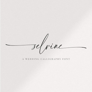 May include: A stylish black script font, "selvine", in a flowing, handwritten style. The text "A Wedding Calligraphy Font" is below the name, set against a soft, off-white backdrop. The design is simple and elegant.