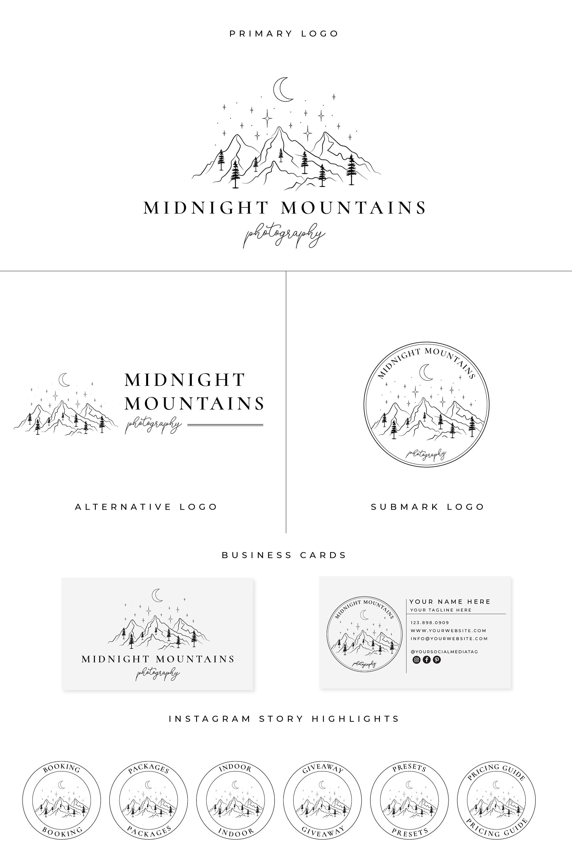 Mountain Logo, Photography Logo, Pine Tree Logo, Moon Logo, Boho Logo