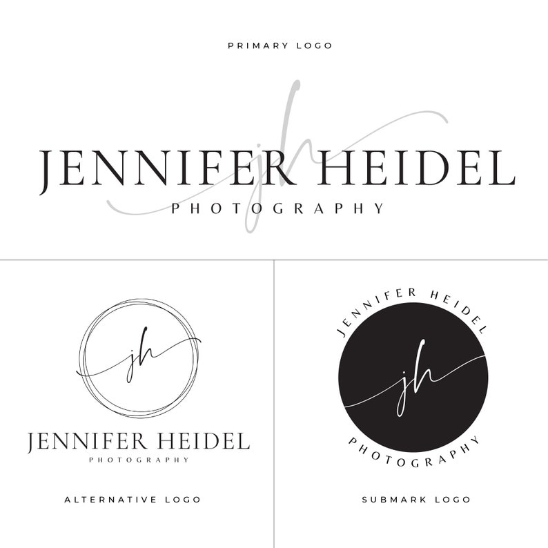 Puede incluir: Un dise&ntilde;o de logotipo en blanco y negro para un negocio de fotograf&iacute;a. El logotipo presenta las iniciales "jh" en un estilo de escritura a mano, rodeado de un c&iacute;rculo. El texto "Jennifer Heidel Photography" se muestra debajo del c&iacute;rculo.