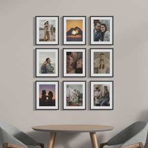 Collage familiar rústico de 9 fotos - Juego de marcos para varias fotos - Decoración de pared rústica - Marco de galería negro para el hogar