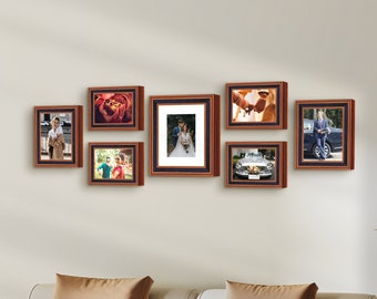 7 Pieces Gallery Wall Frame Set, Solid Copper Wood Wall Mounted Frames with Mat, Rustic Farmhouse Assorted Wall Collage Frames