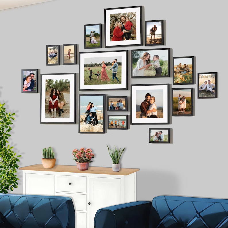 17-piece black wall frame set in mixed sizes (12x16, 12x12, 8x12, 6x8, 5x7, 6x4) arranged in a modern gallery wall layout, perfect for photos, portraits, and home or office wall decor."