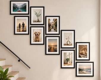 10 Piece Staircase Gallery Wall Frame Set | Black Picture Frames | Family Photo Display | Modern Stair Wall Decor | Gallery Wall Kit