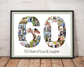60th Birthday Photo Collage Gift | Custom 60 Number Photo Art | Personalized 60th Anniversary Picture Collage | Unique Photo Gift