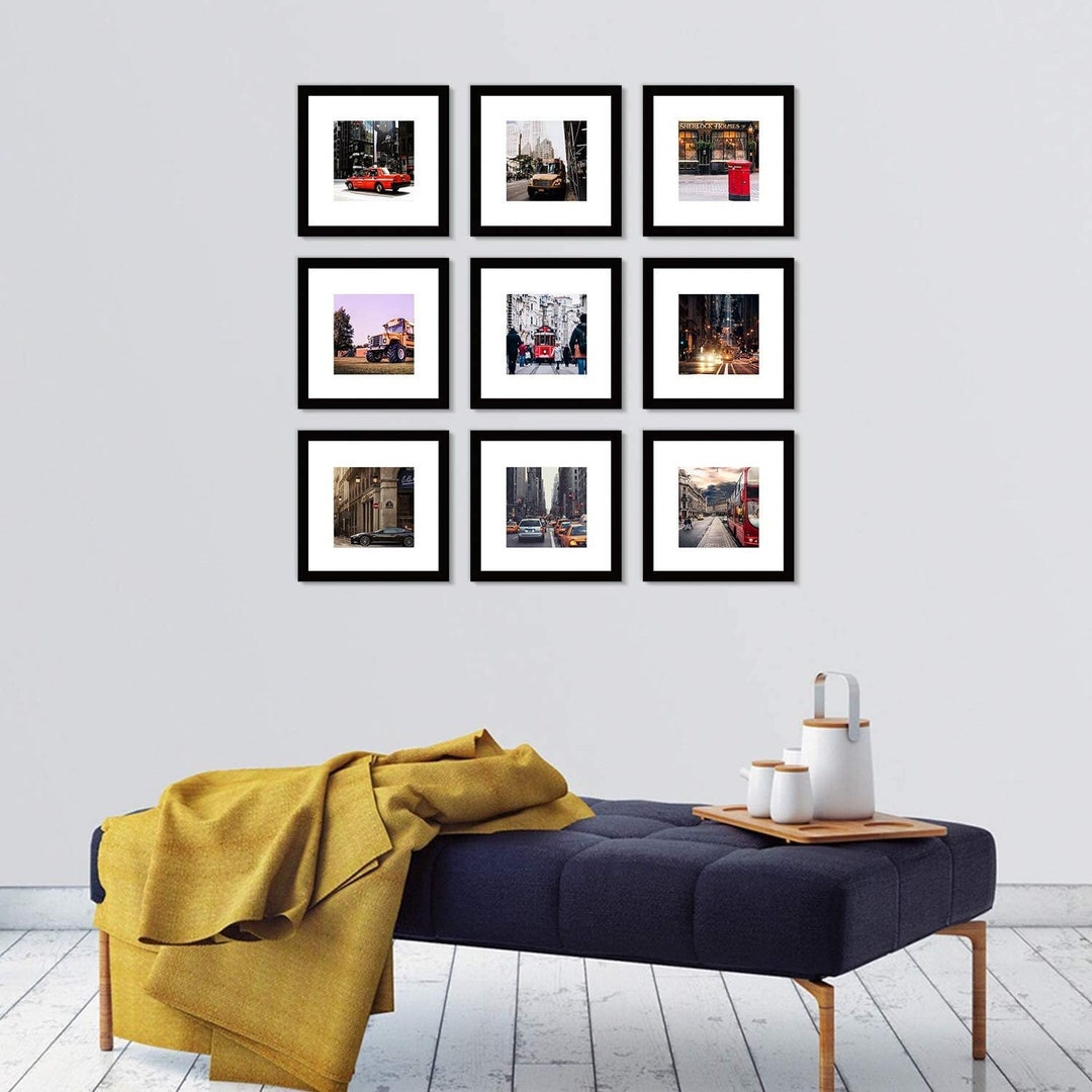 Gallery Wall Set of 9 Frames 12x12 for 8x8 Square Black / White/ Walnut
