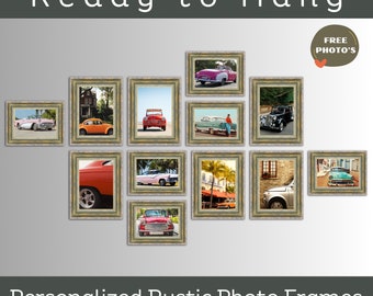 Custom Wood Photo Collage, Antique Wall Décor, Handmade, 12 pcs, 5x7 and 6x4 Frames, Personalized Gallery, Christmas Gift