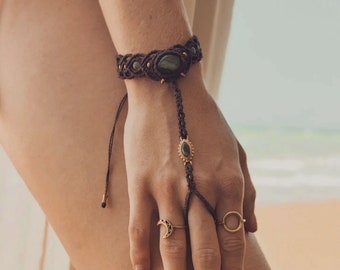 Joyería de mano, pulsera de labradorita, marrón, pulseras de macramé, joyería de brazo, joyería de macramé, piedra labradorita