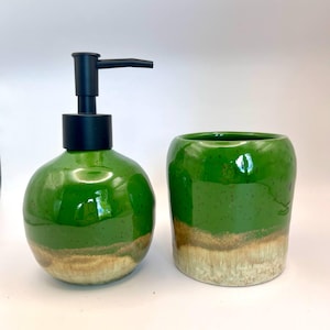 bathroom set, cup for toothbrushes, Soap Dispenser With Pump, Ceramic Bathroom Accessories, Green Soap Dish, Home Decor, Unique, Handcrafted