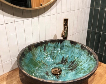 PRÄMIE!! Grünes Keramikwaschbecken, handgefertigtes Gefäßwaschbecken für Badezimmer in Waldtönen, handgefertigtes Waschbecken, Wald-inspiriertes Becken, Keramikwaschbecken