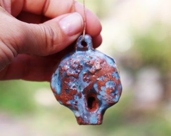 Small Ceramic Ocarina Whistle with Fern Design, Unique Clay Instrument, Ceramic Pipe with Magical Sound
