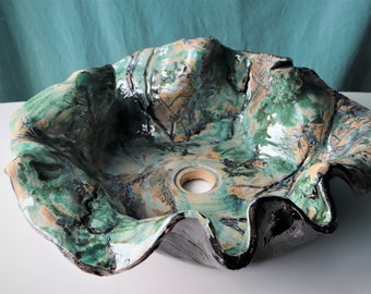 Forest washbasin, countertop washbasin, ceramic, green, bathroom, artistic, hand-made, sink