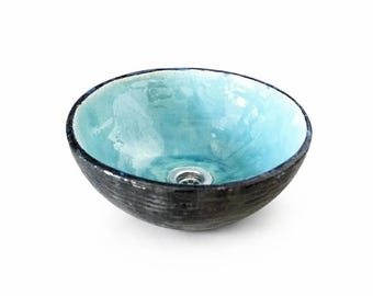 Handmade 38 cm Artistic Ceramic Sink Natural, Eco-Friendly Luxury, Turquoise and Black, hand made, Bathroom reminiscent of Moments in Nature