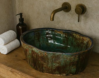 Handmade Ceramic Countertop Sink Lazur – Unique Oval Design, Artistic Glaze, Customizable Soap Dish Click-Clack DrainSnow Queen - luxurious