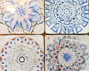 Handmade Ceramic Tiles, Nature Tiles in Colors, Rosette Patterns, Flowers, Ceramic Coasters, Decorative Tiles, Artisan Crafted, Ceramic Wall