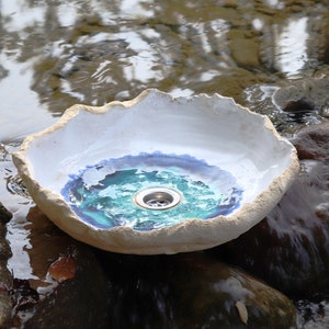 White Sea Shell: Ceramic Washbasin with a hint of Turquoise, Inspired by Nature and the Sea, countertop washbasin, clay