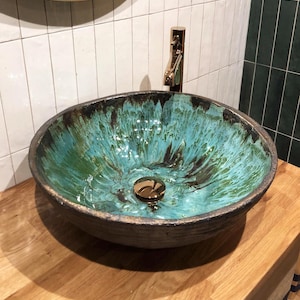 PREMIUM!! 31 cm Ceramic Green Sink Handcrafted Vessel Sink for Bathroom in Forest Tones Handmade sink, Forest-inspired basin, Vessel, sink