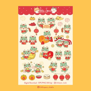 Chinees Nieuwjaar Clipart, Jaar van de Draak, Clipart Digital Printable, Lunar New Year, Chinees Nieuwjaar 2024