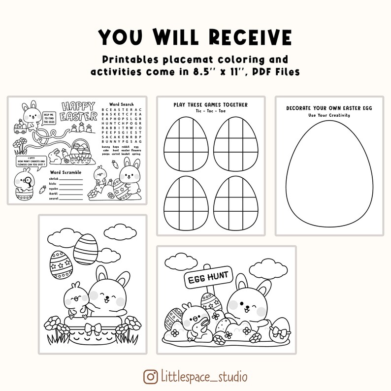 Easter Activities Bundle, Kids Easter Placemat, Printable Spring Bunny Table Coloring Page, Easter Coloring Pages, Easter Party Activity image 2