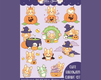 Halloween Clipart, Cute Corgi Halloween Clipart, Kawaii Dog Clipart, Cute Halloween Digital Stickers, Halloween Clipart Bundle