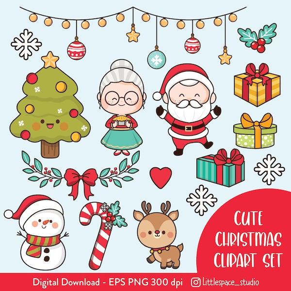 Cute Christmas Clipart, Christmas Clipart, Santa Clipart, Kawaii Christmas Clipart, Snowman Clipart, Holiday Clipart Digital Printable