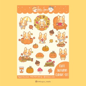 Herbst Cliparts, süße Corgis Herbst Cliparts, Kawaii Hund Cliparts, süße Herbst digitale Aufkleber, Halloween Cliparts Bundle, gemütliche Cliparts