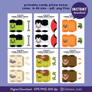 Candy Pillow Boxes Halloween, 6 Funny candy box - DIY printable: Frankenstein, vampire, zombie, pumpkin, werewolf, mummy