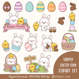 Kawaii Easter Clipart, Cute Easter Bunny Clipart, Cute Easter Chicks Clipart, Easter Eggs Clipart, Easter Clipart Bundle, Cute Bunny Clipart