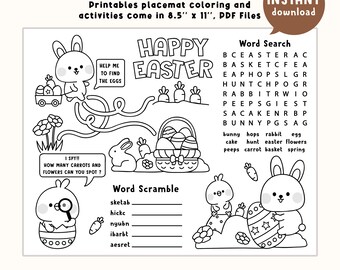 Easter Activities Bundle, Kids Easter Placemat, Printable Spring Bunny Table Coloring Page, Easter Coloring Pages, Easter Party Activity