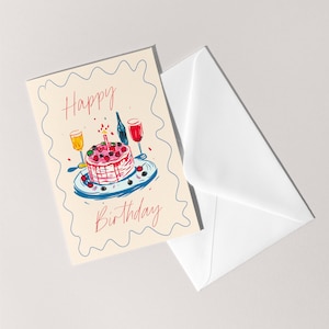 Cartão de Feliz Aniversário | Bolo, Espumante e Velas