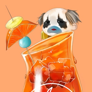 May include: Illustration of a tall orange cocktail glass filled with orange liquid and ice cubes, garnished with fruit and a blue candy. A sad clown peeks over the glass. The text "indiastricot" is on the glass.