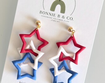 Patriotic Star Earrings, Red White Blue Earrings, Fourth of July Earrings, Americana Jewelry, Lightweight Polymer Clay Earrings, July 4th