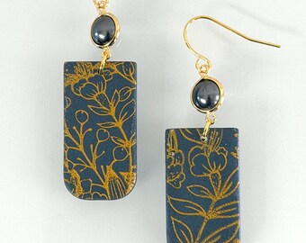 Midnight Meadow Bloom Earrings Dark Blue Gold Floral Polymer Clay Statement Earrings Botanical Boho Jewelry Gift for Her
