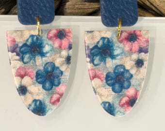 Blue Floral Clay Earrings | Hypoallergenic Titanium Post Earrings | Lightweight Dangle Earrings | Handmade Polymer Clay Jewelry