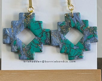 Sonoran Stone Dangles | Turquoise Polymer Clay Earrings | Southwestern Statement Earrings | Geometric Cutout Dangles | Gold Bar Stud