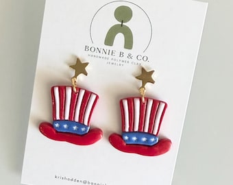 Uncle Sam Hat Earrings, Patriotic Polymer Clay Earrings, Fourth of July Earrings, Red White Blue Earrings, Independence Day Jewelry