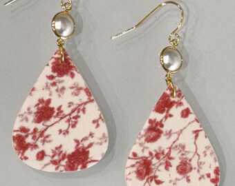 Red Floral Clay Earrings | Teardrop Dangle Earrings | Handmade Polymer Clay Jewelry | Lightweight Gold Earrings