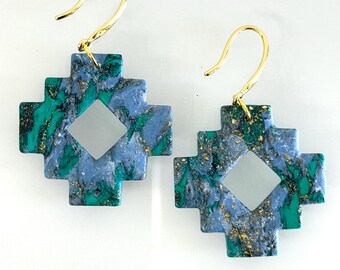 Turquoise Dangle Earrings | Lightweight Polymer Clay Earrings | Boho Southwestern Earrings | Geometric Drop Earrings | Gold Hook Dangles