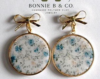 Blue Tea Garden Bow Earrings, Floral Polymer Clay Dangles, Gold Bow Earrings, Cottagecore Jewelry, Handmade Lightweight Earrings