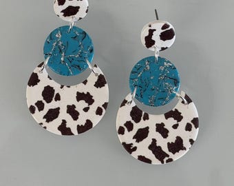 Western Cow Print Turquoise Polymer Clay Earrings | Titanium Hypoallergenic Earrings | Cowgirl Statement Earrings |Handmade Western Jewelry